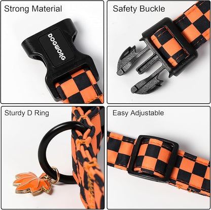 DOGWONG Fall Dog Collar, Orange Checkered Dog Collar Adjustable Soft Cute Pet Dog Collars Cute Plaid Puppy Necklace for Small Medium Large Dogs