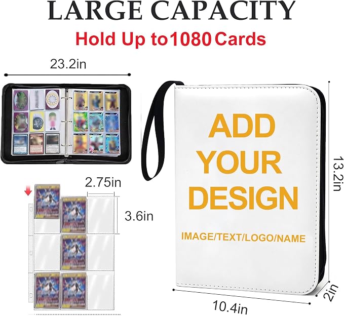 1080 Pockets Custom Card Binder, DIY Anime Sports Cover Design, Portable Waterproof Storage Album with Removable Sleeves for Baseball Football Soccer One Piece Cards Collectors