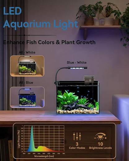 Glass Fish Tank Kit, 2.5 Gallon Betta Fish Tank Aquarium Starter Kit with Filter, Lights, Lid, for Betta, Goldfish, Small Fish or shrimg, Black