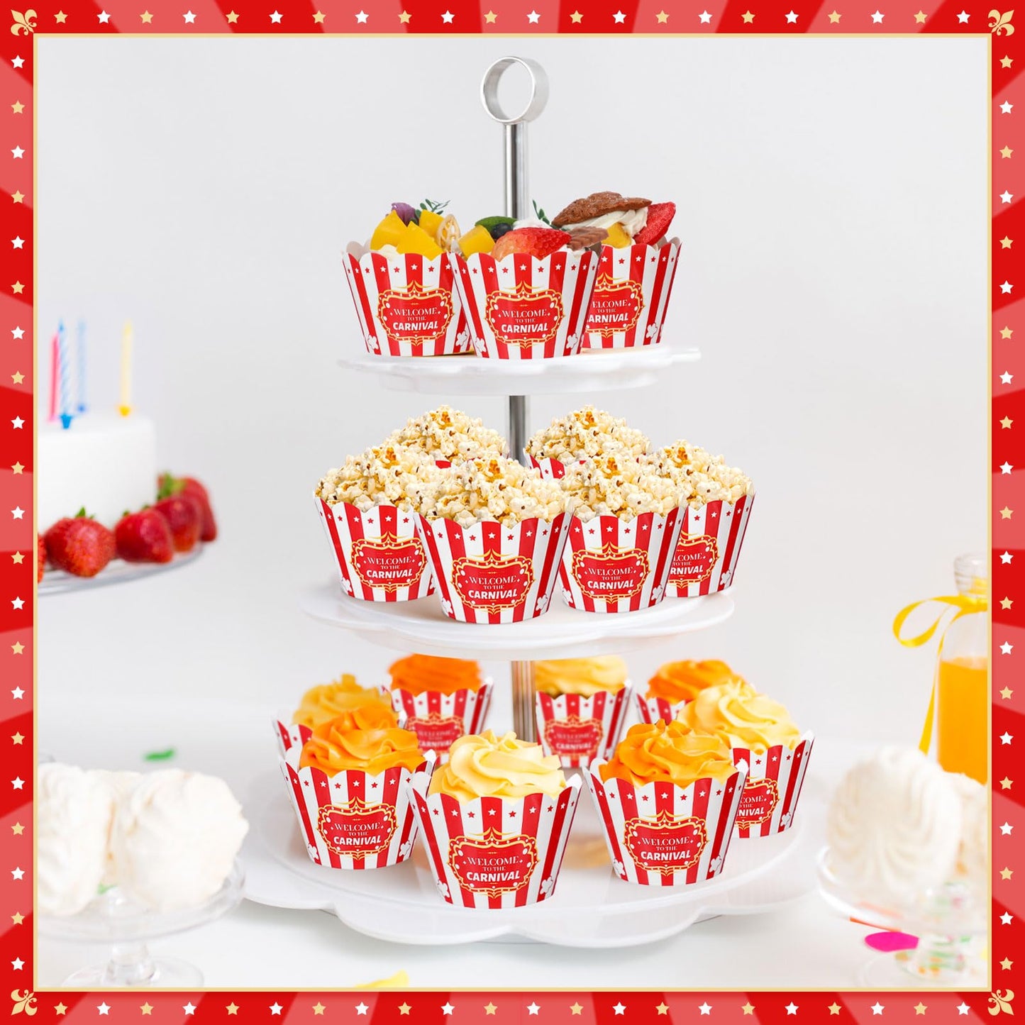 Epakh 100 Pcs Carnival Cupcake Wrappers Red White Striped Baking Cups Wrapper Circus Supplies Popcorn Decorations for Movie Night Carnival Party Birthday Circus Theme Decoration Popcorn Party Favors