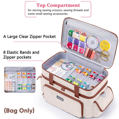 AMOIGEE Large 15" Double-Layer Sewing Storage Bag with Detachable Diviers – Large Sewing Organizer with Shoulder Strap, Elastic Loops for Sewing Supplies, Tools & Accessories