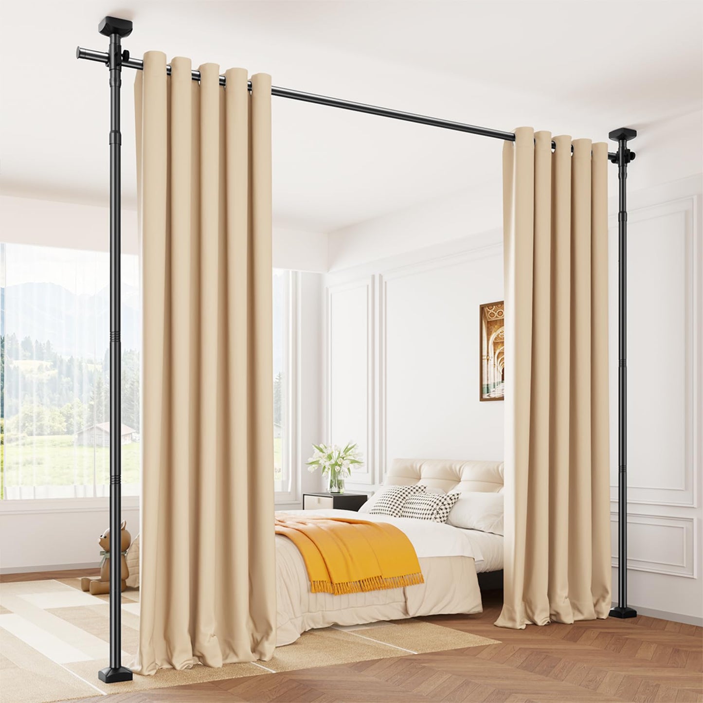 Room Divider Curtain Rod, No Drilling Adjustable Space Partition, Heavy Duty Floor to Ceiling Tension Rod, 4-10ft(H) 28-70inch(W), Temporary Wall Divider for Privacy, Black