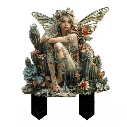 ANNUOZE Fairy Garden Stake Decor, 2D Flat Acrylic Fairy Garden Decor Panel, Elf Yard Sign for Outdoor Indoor Yard Lawn Plants Pots, Fairy Garden Accessories (Cactus Fairy)