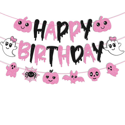 Pink Black Halloween Birthday Banner Ghost Bat Happy Boo Day Little Boo Themed for Girl Happy Birthday Party Supplies Glitter Halloween Decoration