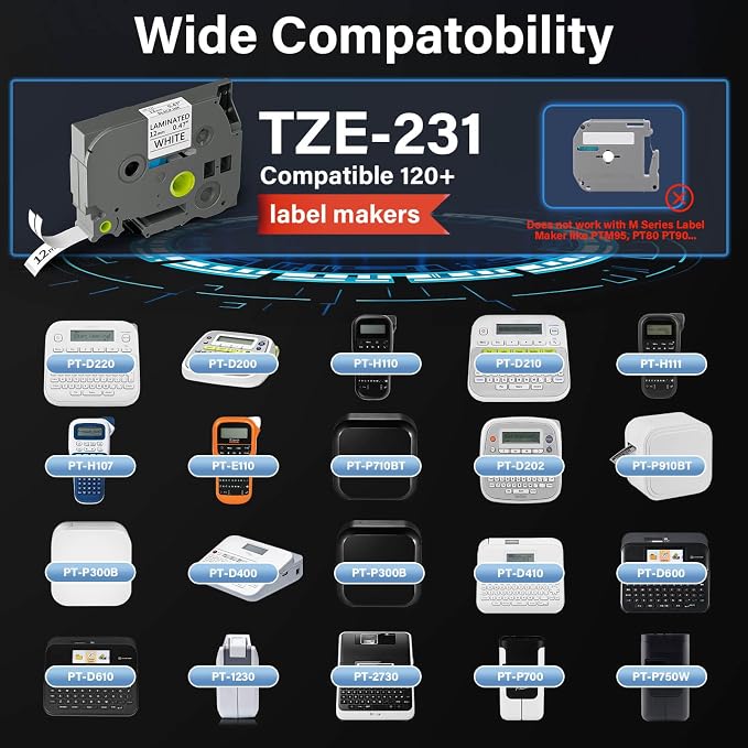 TZE-231 Label Maker Tape 12mm 0.47 Laminated Black on White 1/2" x 8m Replacement for Ptouch TZ TZE TZE231 Label Tape Cassette for PT-D220 PTD220 D220 PT-D210 PTD210 PT-H110 PT-D200 PT-D410 (7 Packs)