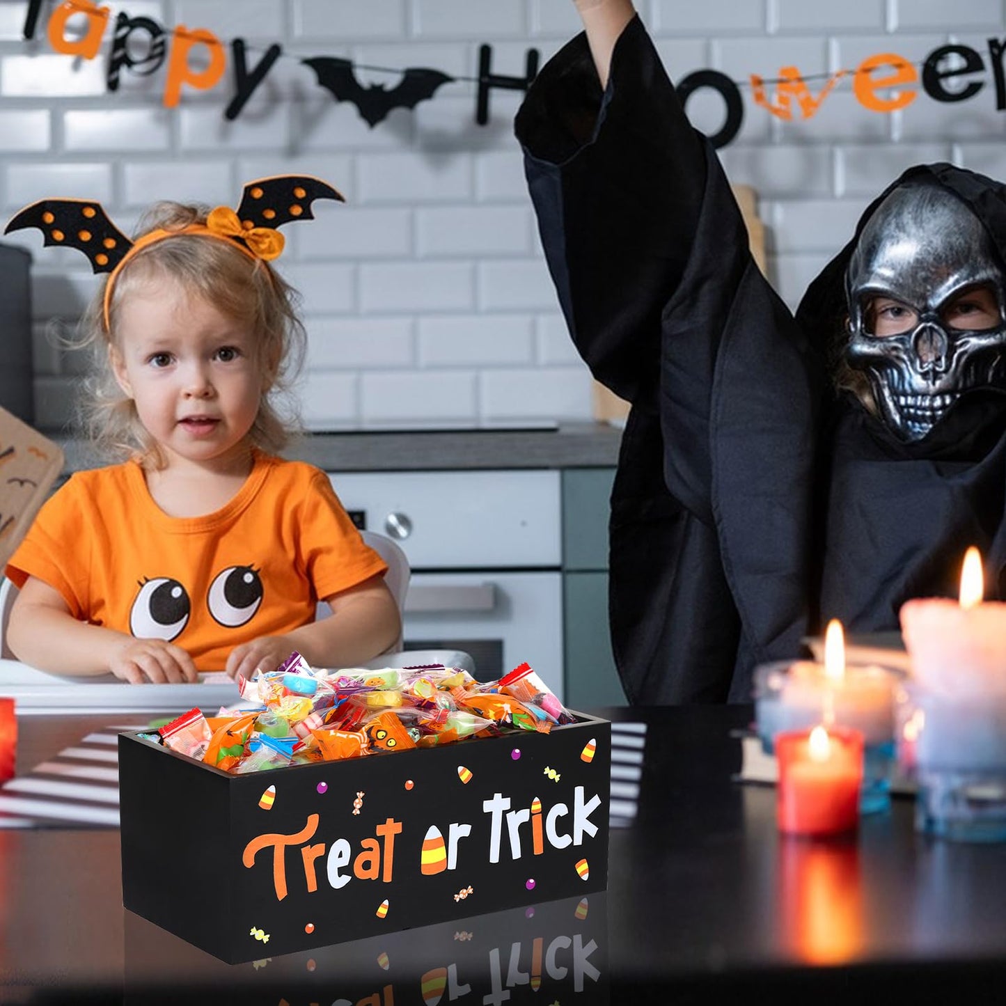 HFYZZ 2 PCS Halloween Candy Bowl Dish Trick or Treat Wooden Serving Bowl Holders Black Corn Spider Web Ghost Candy Serving Dish Tableware for Halloween Table Desk Haunted House Decoration