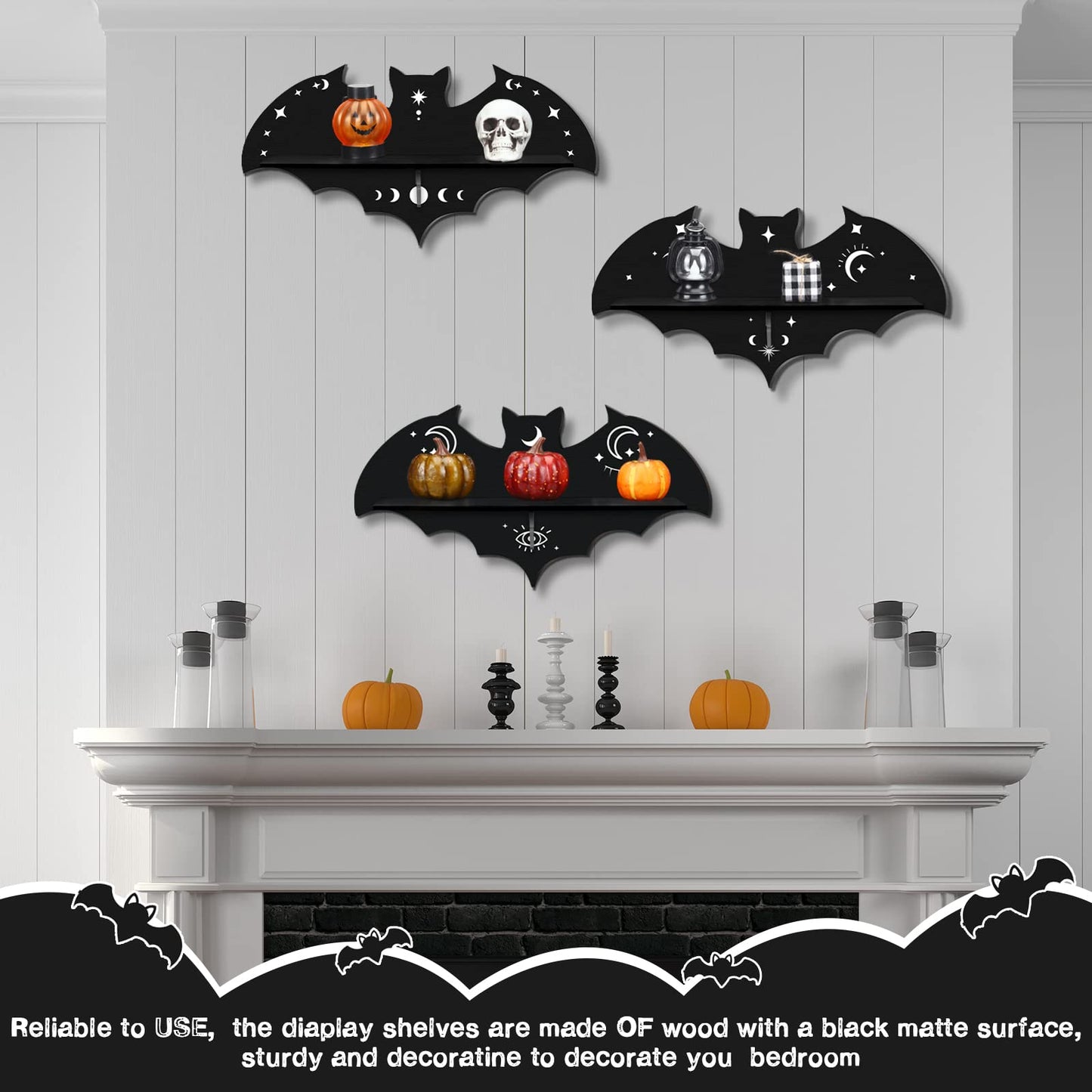 Geetery 3 Pcs Bat Floating Wall Shelf Black Gothic Wall Shelves Decor 15.74 Inch with Hooks for Halloween Party Living Room Bedroom Kitchen Bathroom