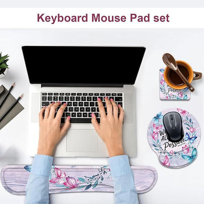 Keyboard Wrist Rest and Mouse Wrist Rest Pad with Cup Coaster,Made of Memory Foam,Ergonomic Support,Easy-Typing and Pain Relief,for Gaming Office Home Computer,with God All Things are Possible Floral