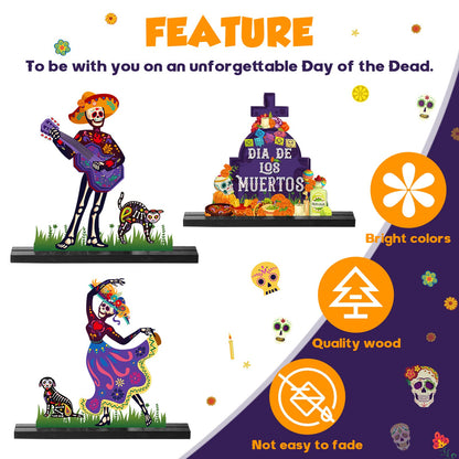 Yerliker 3 Pcs Day of the Dead Table Decorations Mexican Dia De Los Muertos Altar Centerpiece Halloween Sugar Skull Table Topper Wooden Day of the Dead Centerpiece for Halloween Mexican Party Decor