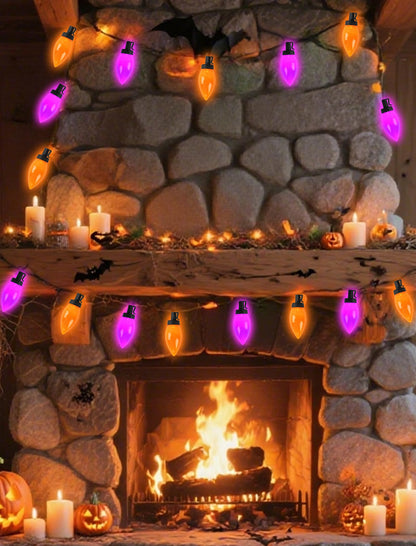 C9 Halloween String Lights Outdoor, 26.4Ft C9 Halloween Decorations with 50 LED Orange and Purple Lights, Extendable Hanging Plug in Christmas Night Lights for Party, Patio, Outside Yard, House Decor