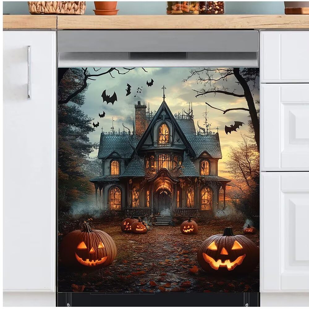 Haunted House Dishwasher Magnet Full Door Cover, Halloween Pumpkin Kitchen Decor Magnetic Dishwasher Cover Vinyl Decal, Happy Halloween Fridge Stickers Front Door Cover, Easy Update, 23Wx26H Inches
