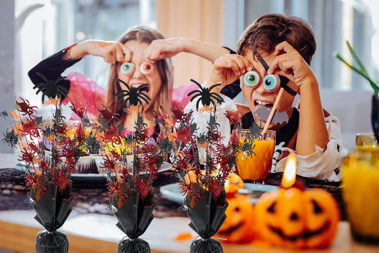 FUBININA 6 Pack Halloween Table Decoration Party Centerpieces Spider Gleam 'N Metallic Foil Spray Glitter Halloween Centerpiece Table Centerpieces Decor for Birthday Party Supplies, Black Orange Red