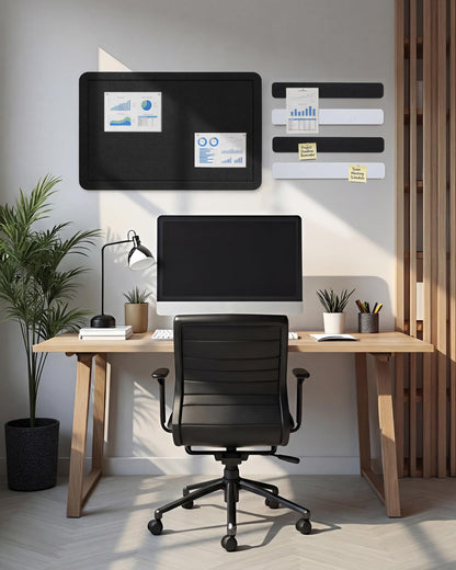 Small Felt Bulletin Board and 4 pcs Bar Strips Set, 24"X16" Cork Board Alternative with Removable Adhesive Tabs, 30 Push Pins for Office, Classroom, Bedroom, Walls Decorations - Black