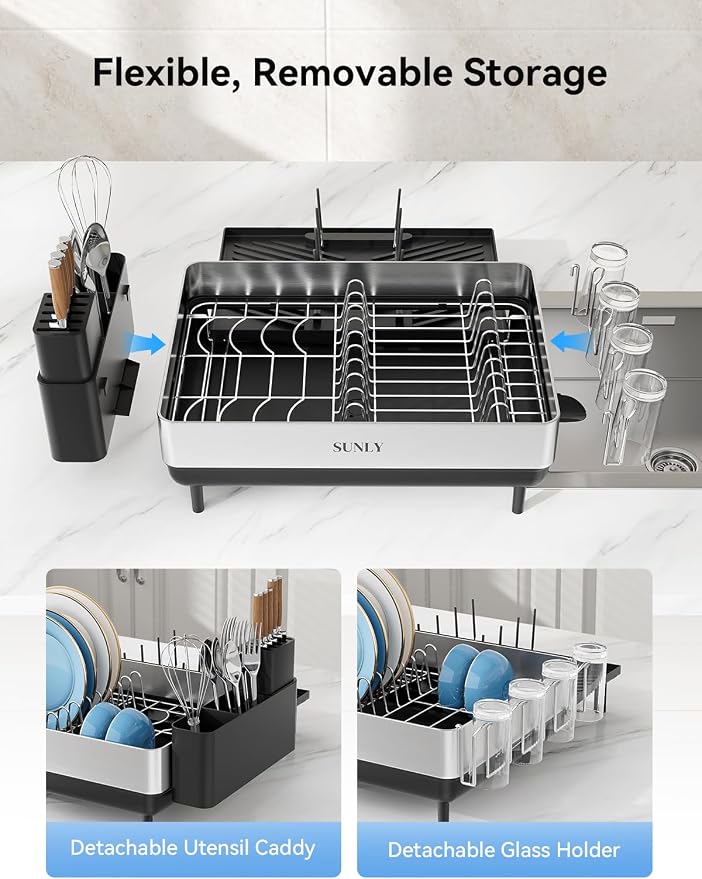 SUNLY Large Dish Drying Rack, Expandable Dish Rack for Kitchen Counter, 304 Stainless Steel Space Saving Dish Drainer with Multifunctional Flip Up Pegs