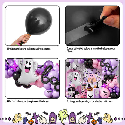 Halloween Balloon Arch Garland, Pink Purple Balloons with Star Cute Ghost Boo Foil Balloon, Metallic Purple Pink Black Latex Balloons Bat Stickers for Kids Girls Birthday Halloween Party Decorations