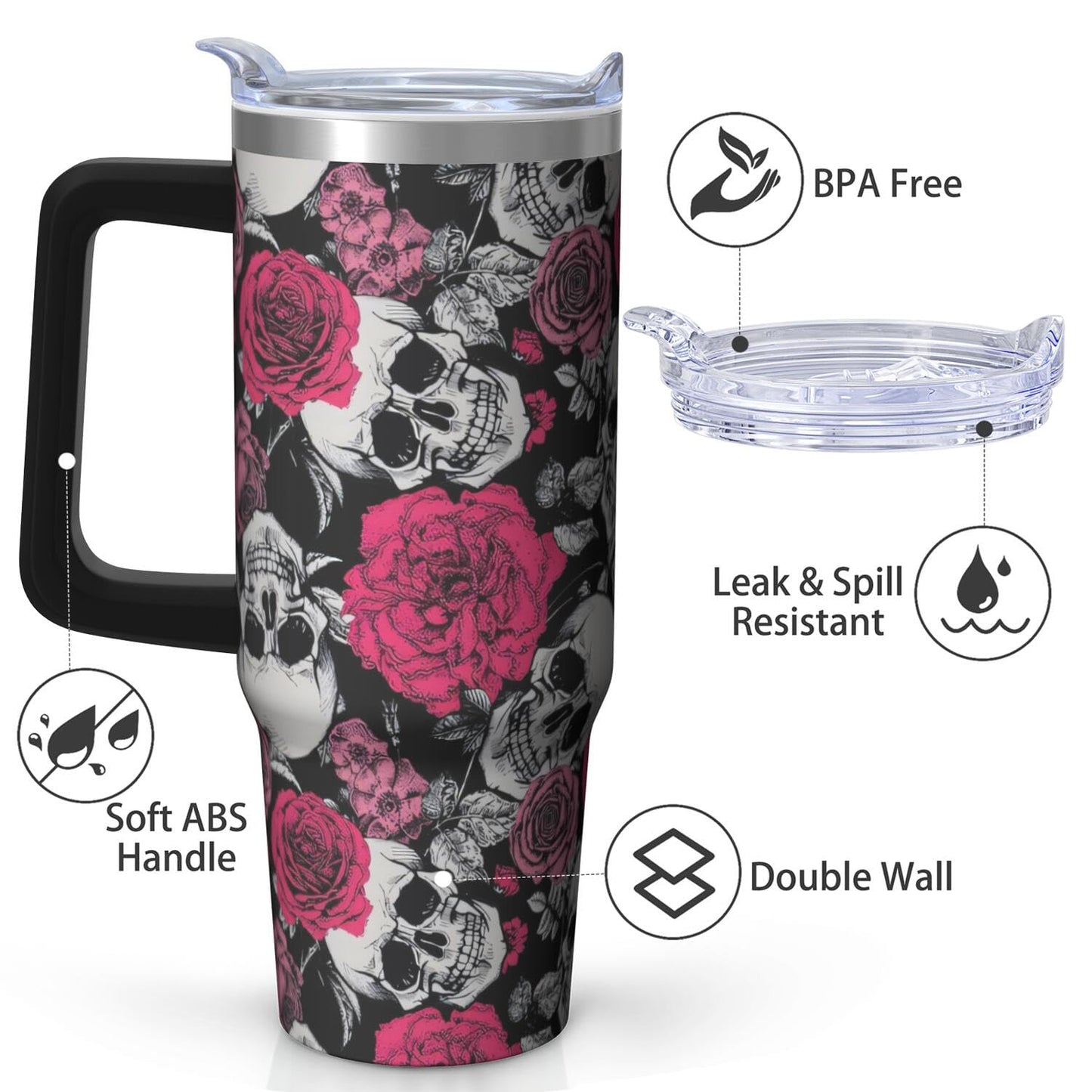 Kearscupra 30oz Skull Tumbler with Handle and Straw,Skeleton Gothic Floral Stainless Steel Insulated Cup with Lid and Straw,Travel Coffee Mug Water Bottle,Halloween Birthday Gifts for Women Men