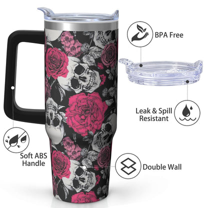Kearscupra 30oz Skull Tumbler with Handle and Straw,Skeleton Gothic Floral Stainless Steel Insulated Cup with Lid and Straw,Travel Coffee Mug Water Bottle,Halloween Birthday Gifts for Women Men