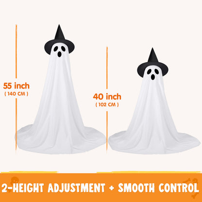 JOYIN 2 Packs 47'' Halloween Decorations Outdoor Standing Ghost, Light Up Spooky Ghost with Witch Hat & Remote Control, Glowing Halloween Decor for Yard Porch Lawn Garden Party Supplies Haunted House