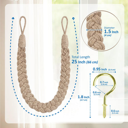 Hand-Braided Faux Linen Curtain Tiebacks with Wall Hooks, Boho Window Curtain Tie Back Holdback, 25 inch Extra Long Rope for Living Room Bedroom, Set of 4,Linen