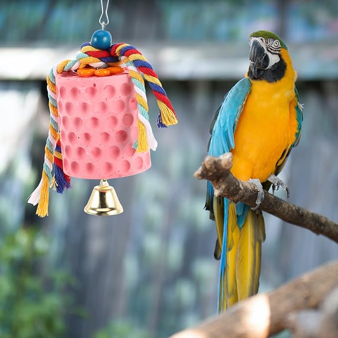 Toddmomy Parrot Mineral Block Chew with Bell for Birds Bird Beak Grinding Stone for African Grey Cockatiels Parakeets Cage Accessory for Beak Health and Interactive Play
