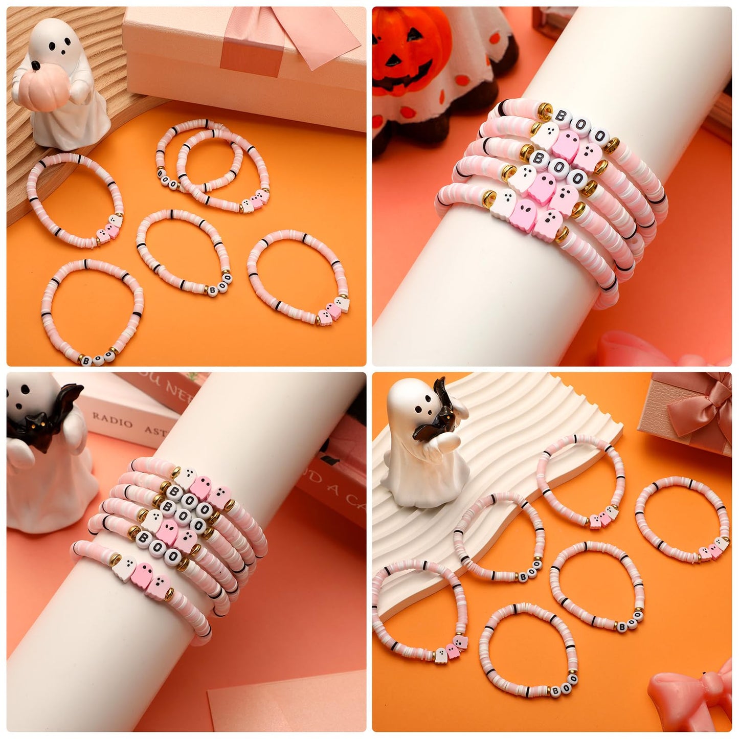 Huquary 48 Pcs Halloween Bracelet Set Party Favors Pink Ghost Boo Clay Bead Bracelets Cute Decorations Clay Ghost Signs for Halloween Gifts for Women Friend Boo Basket Stuffers Goodie Bag Stuffers