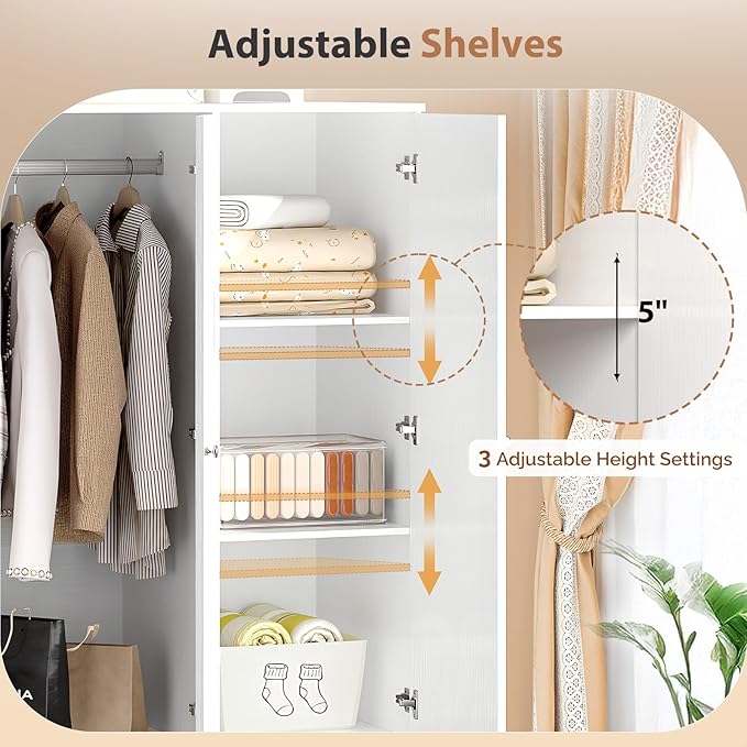 VINGLI Armoire Wardrobe Closet with Doors and Mirror,47"W Wardrobe Cabinet Wooden with Hanging Rod & Shelves Inside, 4 Door Bedroom Armoires with Drawers, Modern White Freestanding Armoire for Bedroom