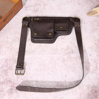 GK-O Steampunk PU Leather Hip Belt Bag for Men Women Vintage Motorcycle Waist Bag with Adjustable Strap Medieval Cosplay Utility Fanny Pack (Dark Brown)