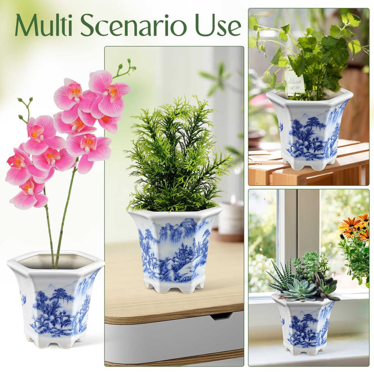 Toddmomy Blue and White Planter: Succulent Pots Ceramic Flower Pot Chinese Style Porcelain Planter Container for Office Desk Balcony Outdoor Garden