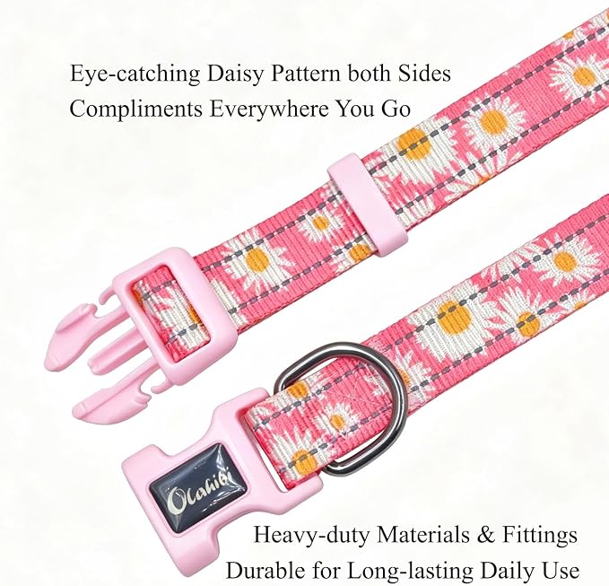 Dog Collar Leash Set, Floral Pattern, with Safety Reflective Strips, 5 ft Matching Leash, Neoprene Padded Handle, Adjustable 4 Sizes for Small Medium Large Dogs.(L, Pink Daisy)