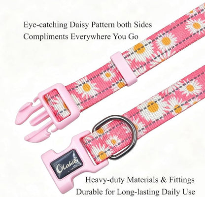 Dog Collar Leash Set, Floral Pattern, with Safety Reflective Strips, 5 ft Matching Leash, Neoprene Padded Handle, Adjustable 4 Sizes for Small Medium Large Dogs.(L, Pink Daisy)