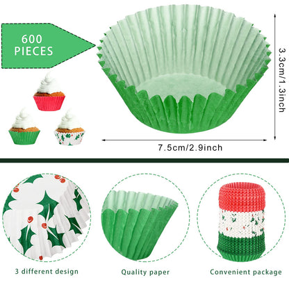 Potchen 600 Count Christmas Cupcake Liners Red Green Berry Snowflake Print Baking Cups Disposable Cupcake Wrappers Christmas Theme Muffin Liners Cupcake Holders for Xmas Party Supplies(Holly)