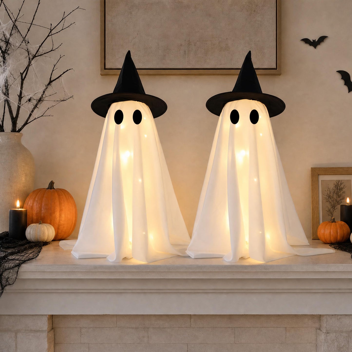 Halloween Decorations-Set of 2 Light-Up Ghosts with Witch Hats, Ghost Table Centerpiece-Spooky Tabletop Decor for Mantel Dining Table Party Indoor Home Decor