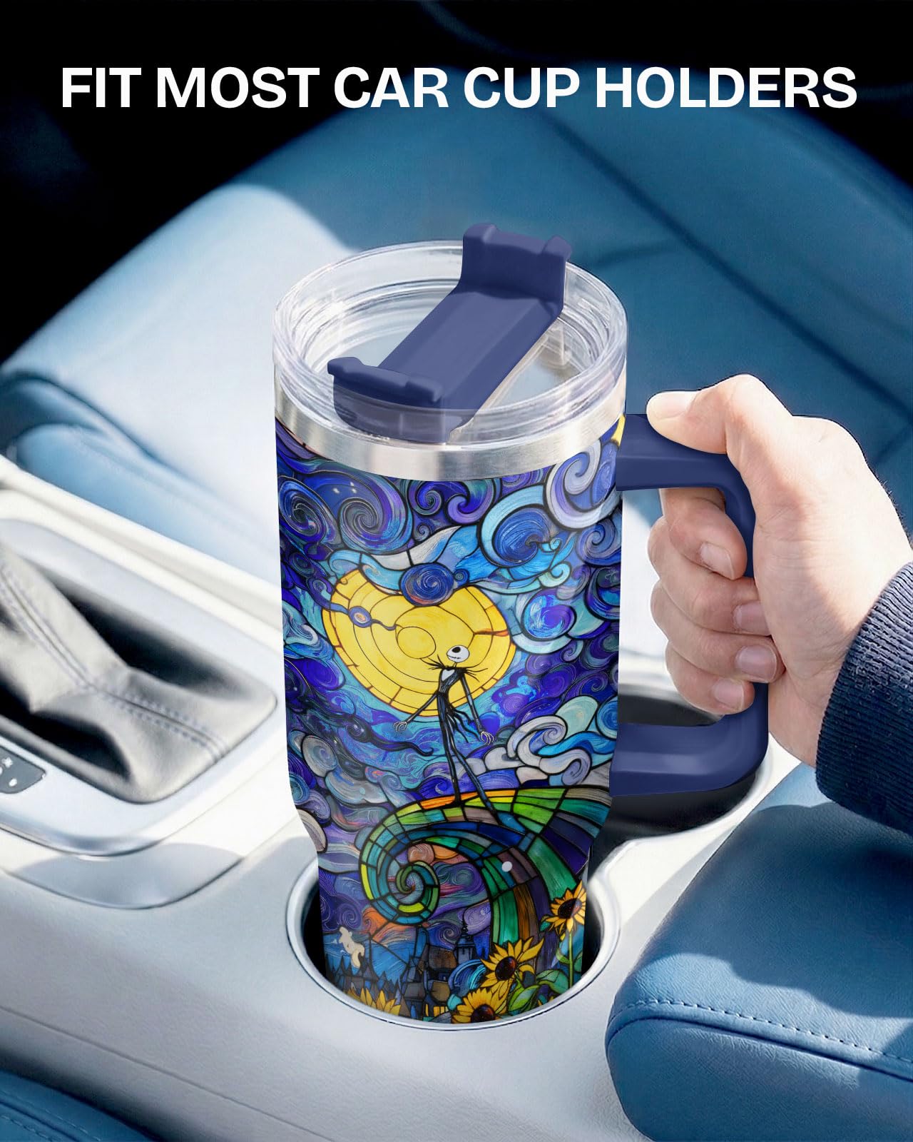 34HD Nightmare Skeleton Tumbler Starry Night Sunflower 40oz Tumbler Insulated Stainless Steel Gothic Art Coffee Cup Gifts for Movie Fans