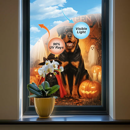 HOMETITUTE Halloween Window Film 24x36 Inch PVC Rottweiler Window Decal and Black Cat Window Sticker with Pumpkin Ghost Bat Design for Glass Halloween Glass Decoration Home