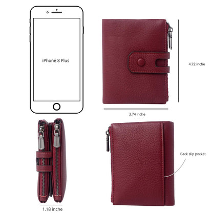 Bveyzi Small Soft Leather Wallet for Women RFID Blocking Ladies Card Holder with Double Zipper Pocket (Wine Red)