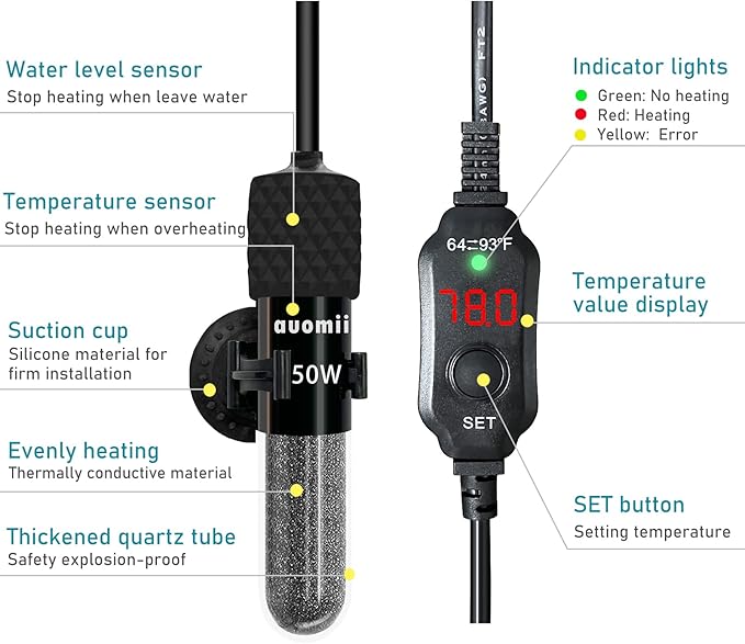 Small Submersible Aquarium Heater,Adjustable Mini Fish Tank Heater 25/50/100/150/200/300 Watts with External Temperature Controller, LED Display, Smart Memory, Used for 1-60 Gallons