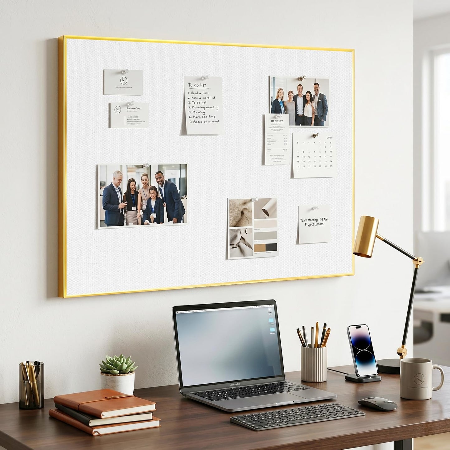 QUEENLINK Linen Bulletin Board 24 x18 Inches, White Pin Board Vision Board, Gold Aluminum Framed Fabric Cork Board for Home Office Wall Decor, 10 Push Pins