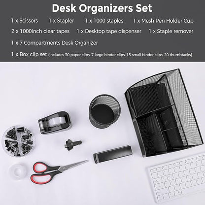 SKYDUE Black Office Supplies, Mesh Desk Organizer, Stapler, Tape Dispenser, Scissors, Binder/Paper Clips and 1000pcs Staples, Desk Supplies Set