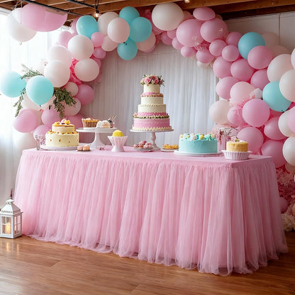 Yoquare 1-Pack Pink 2-in-1 Tulle Tablecloth for 6-Foot Rectangular Table – Stretch Fitted Table Skirt & Cover for Baby Shower, Bridal, Birthday, Princess Party