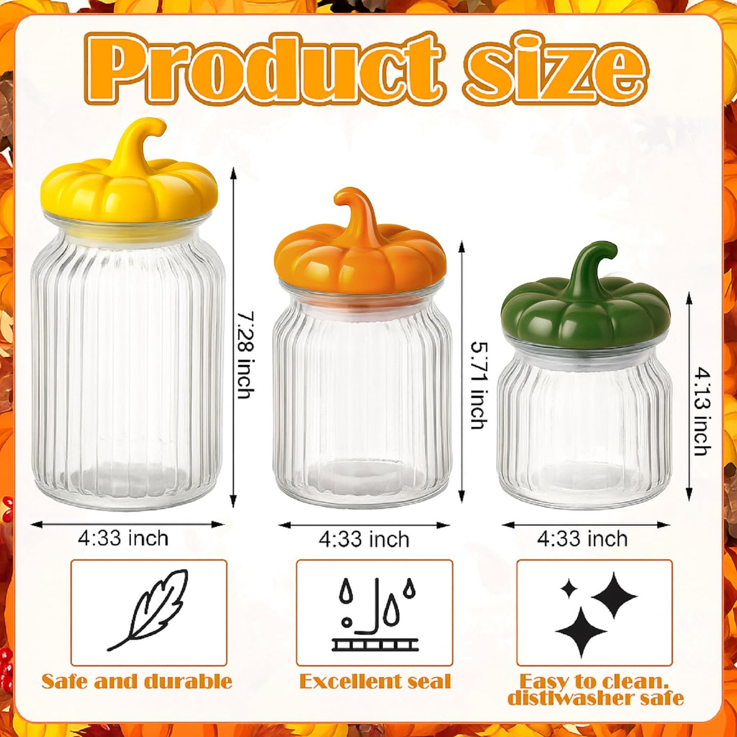 Mimorou 3 Set Pumpkin Glass Jar with Pumpkin Airtight Ceramic Lid 44 oz 33 oz 22oz Fall Clear Candy Jar Food Storage for Thanksgiving Party Cookie Table Decoration(Yellow, Orange, Green,Autumn)
