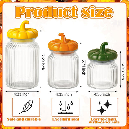 Mimorou 3 Set Pumpkin Glass Jar with Pumpkin Airtight Ceramic Lid 44 oz 33 oz 22oz Fall Clear Candy Jar Food Storage for Thanksgiving Party Cookie Table Decoration(Yellow, Orange, Green,Autumn)