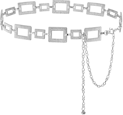 Liutufy Waist Chain for Women Adjustable Boho Metal Belt for Dresses (Square Silver-L)