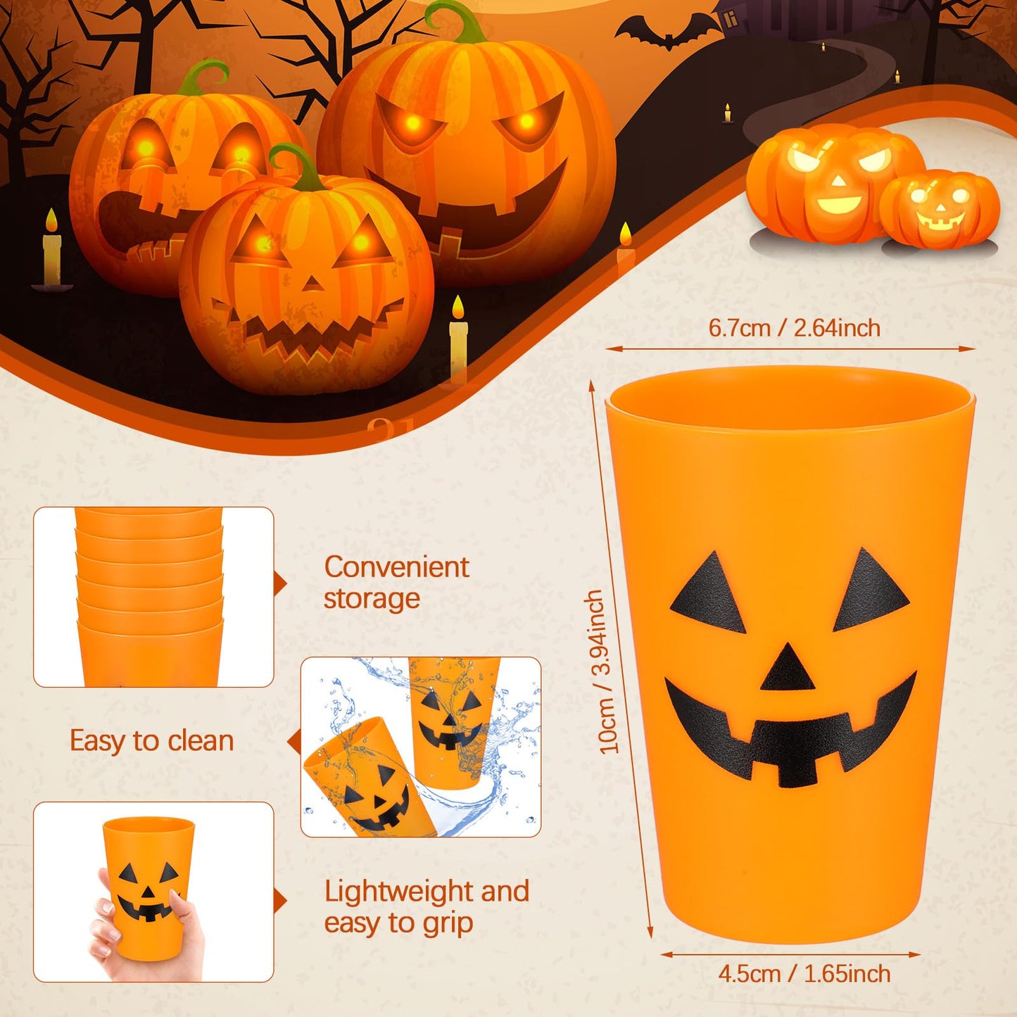 Dandat 48 Pcs Halloween Pumpkin Design Plastic Cups - Reusable Jack O Lantern Cups for Adults Kids Drinks Coffee Juice Party Supplies 8.8 oz