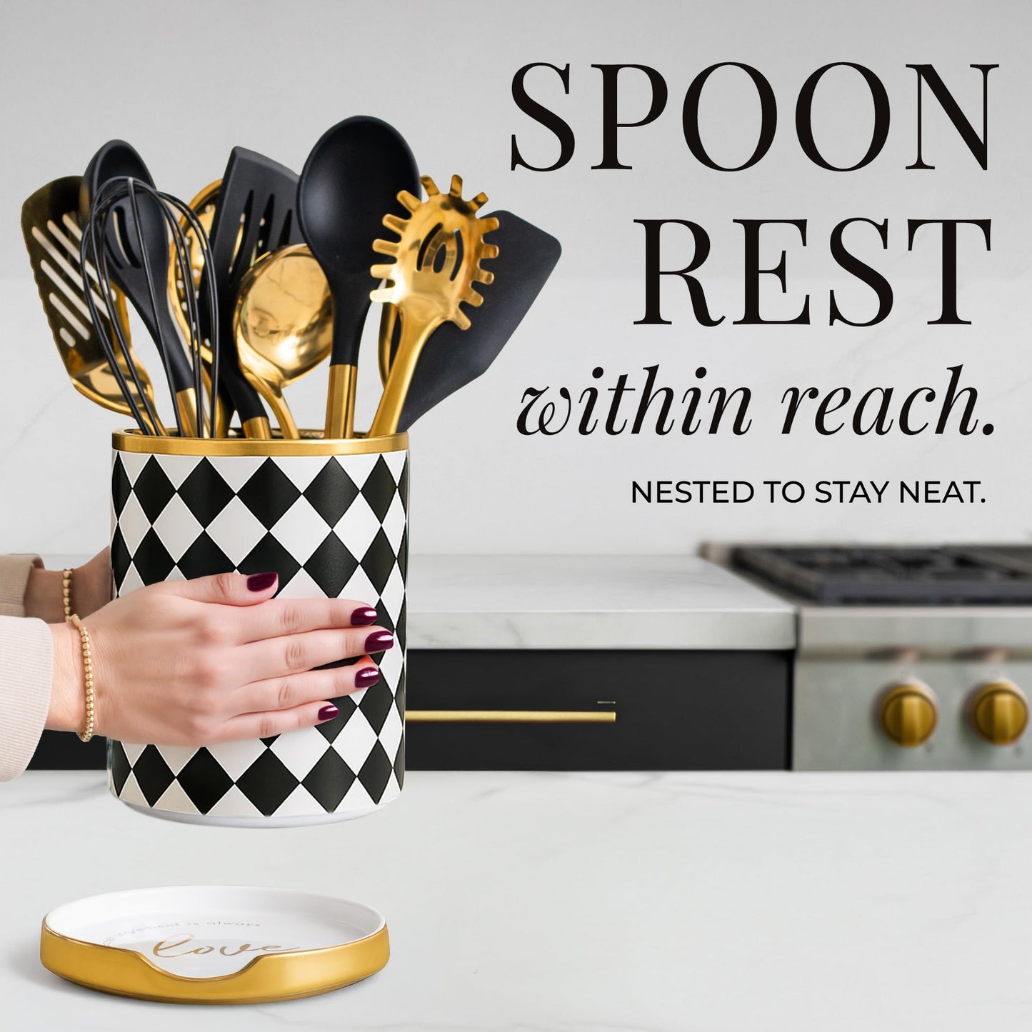 STYLED SETTINGS Black & White Checkered Utensil Holder Set – Large Ceramic Kitchen Utensil Holder for Countertop with Gold Spoon Rest – Stylish Checkered Kitchen Decor & Organizer