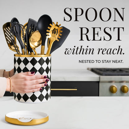 STYLED SETTINGS Black & White Checkered Utensil Holder Set – Large Ceramic Kitchen Utensil Holder for Countertop with Gold Spoon Rest – Stylish Checkered Kitchen Decor & Organizer