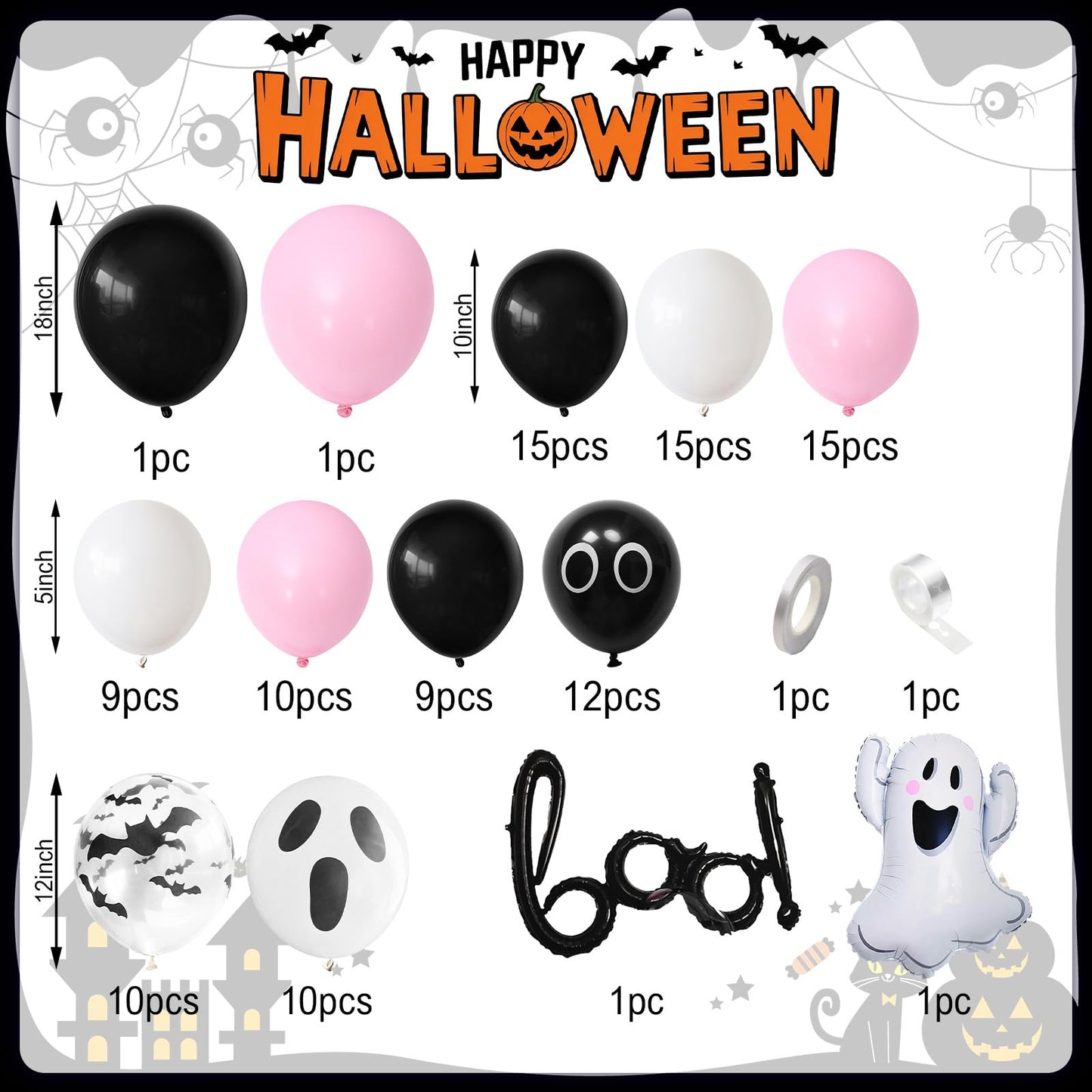 Halloween Balloon Arch Kit, Black Pink Balloons Garland Arch Kit with Large Ghost and BOO Foil Balloon, Eyes Bat Ghost Printed White Balloons For Halloween Decorations Home Garden Party Supplies