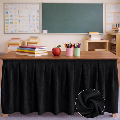Tingjoo Black 9 ft X 30'' Teacher Desk Skirts Linen Textured Desk Tablecloth Skirts Pleated Office Decor Back to School Supplies for Classroom School Office Rectangular Round Table Cover