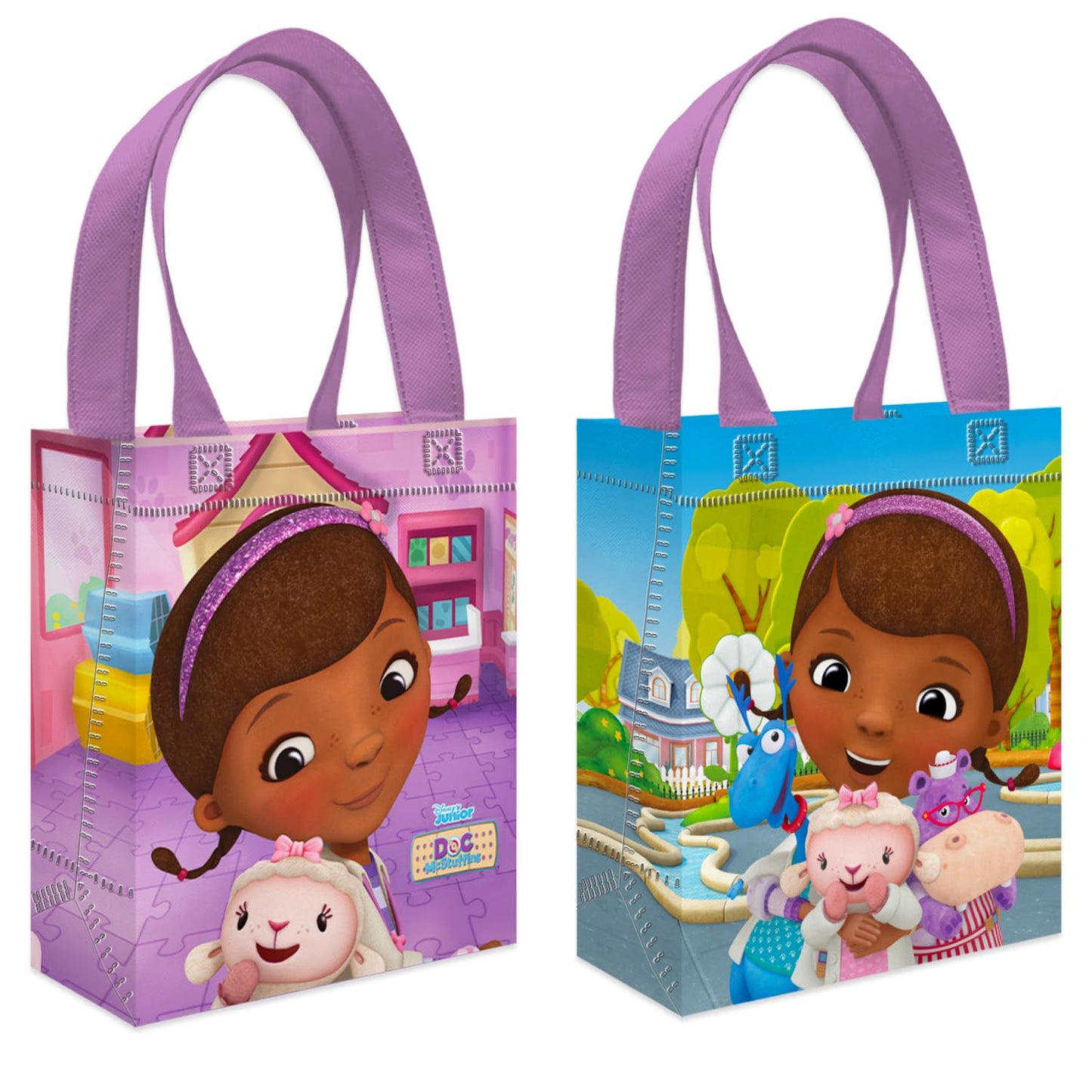 Doc McStuffins Party Favor Bags Set – 12 Pack 8" Disney Goodie Bags for Kids Bulk Reusable Mini Totes | Disney Doc McStuffins Birthday Party Supplies