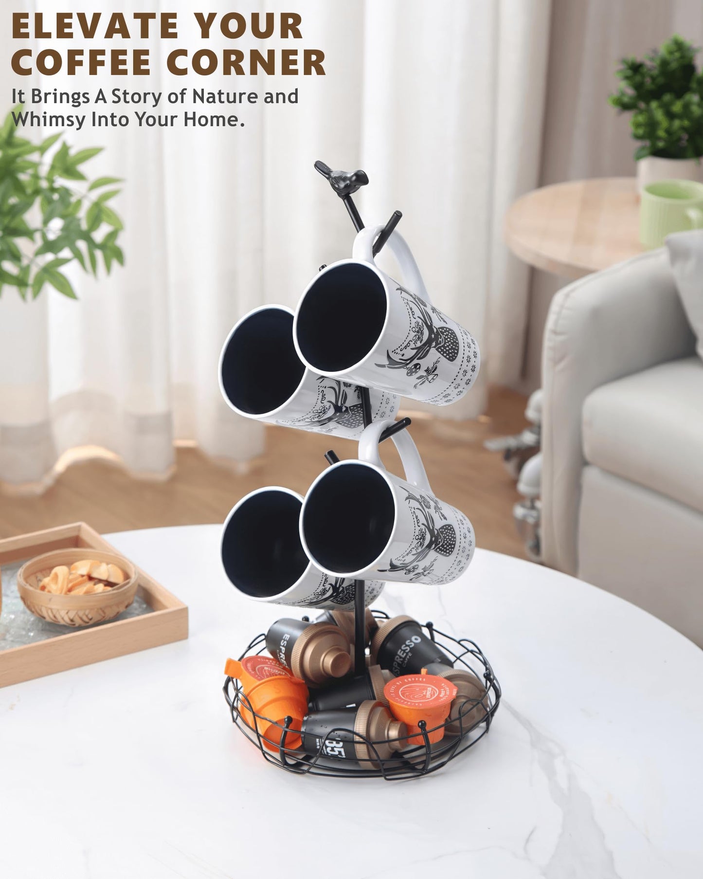 Ouseen Coffee Mug Holder for Countertop, Mug Tree with Bird's Nest Storage Basket, Holds 4 Large Mugs (20oz Compatible), Whimsical Kitchen Decor, Coffee Bar Accessories (Black)