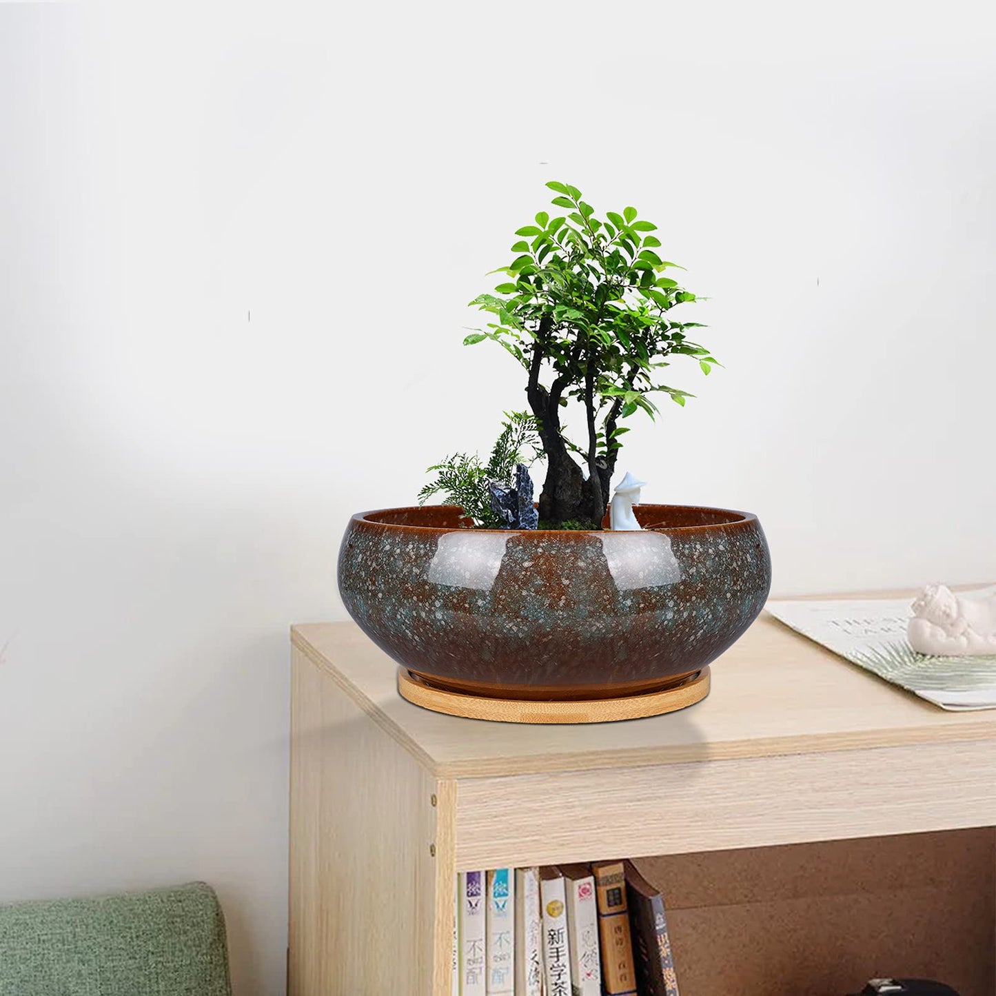 EPFamily 8 Inch Ceramic Bonsai Planter Pot, Glazed Shallow Succulent Planter with Drainage Hole and Bamboo Saucer for Indoor Plants, Green